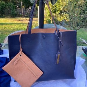 Navy/Tan reversible tote bag - Vegan Leather Brand Street Level w/pouch.